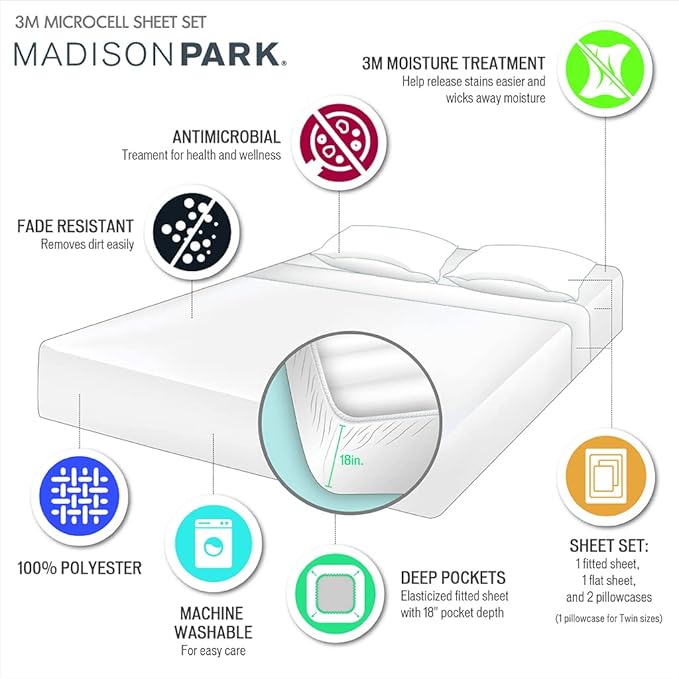 Madison Park 3M Microcell Bed Sheet Set Color Fast, Wrinkle and Stain Resistant, Soft Sheets with 16" Deep Pocket All Season, Cozy Bedding-Set, Matching Pillow Case, Twin XL, Blush, 3 Piece