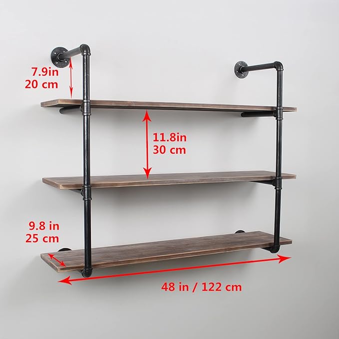 MBQQ Industrial Pipe Shelving Wall Mounted,48in Rustic Metal Floating Shelves,Steampunk Real Wood Book Shelves,Wall Shelf Unit Bookshelf Hanging Wall Shelves,Farmhouse Kitchen Bar Shelving(3 Tier)