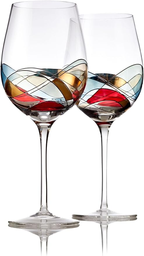 Bezrat Red Wine Glasses Set of 2, Hand Painted Wine Glass, Drinkware Essentials, 11" H, 28oz Wine Lover Large Glass, Glassware Gifts Ideas for Women Inspired by 'Duomo di Milano' Mothers Day (Red)