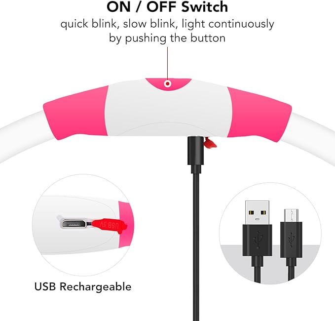 Colaseeme LED Dog Collar, Light Up Dog Collar 1 Count USB Rechargeable TPU Glow Safety Dog Necklace Light, Dog Lights for Small Medium Large Dogs, Please Do Not Use Fast Charging (Pink)
