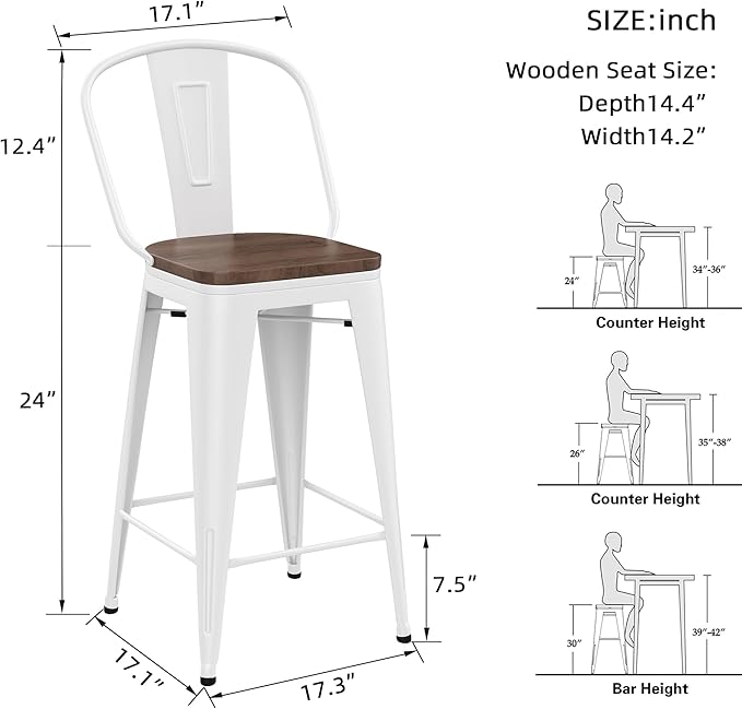 Yongqiang Metal Bar Stools Set of 4 Kitchen Island Counter Height Bar Stools High Back Farmhouse Barstools with Large Wooden Seat 24 inch Cream White