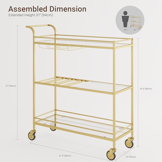 Gold Bar Cart, Home Bar Serving Cart with Handle, Wine Cart with 3-Tier Glass Shelves, Beverage Cart with Wine Rack and Glass Holder, Bar Carts for The Home, Dining Room, Living Room