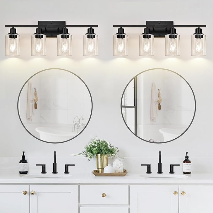 4-Light Bathroom Light Fixtures, Matte Black Modern Vanity Lights with Clear Glass Shades, Bathroom Wall Lamp for Mirror Living Room Cabinet Bedroom Porch