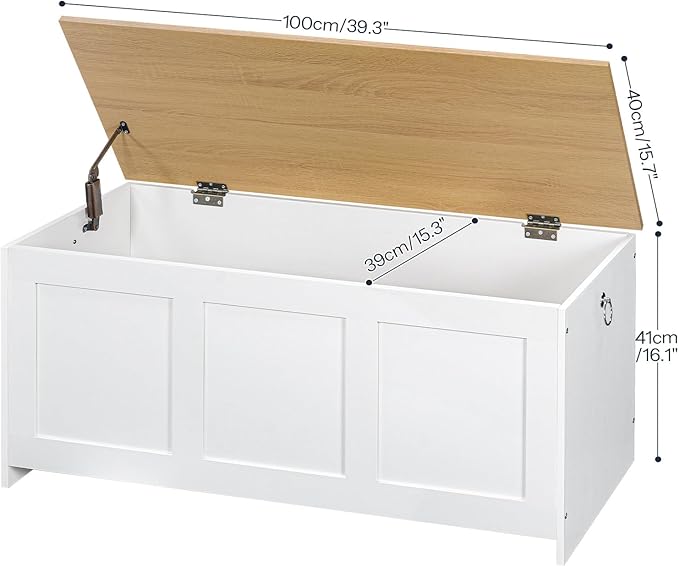 HOOBRO Storage Bench, 39.3" Retro Wooden Storage Chest, Wooden Storage Trunk, Toy Chest with Lift Top, Multifunctional Entryway Organizer, for Entryway, Living Room, White and Natural WN141CW01