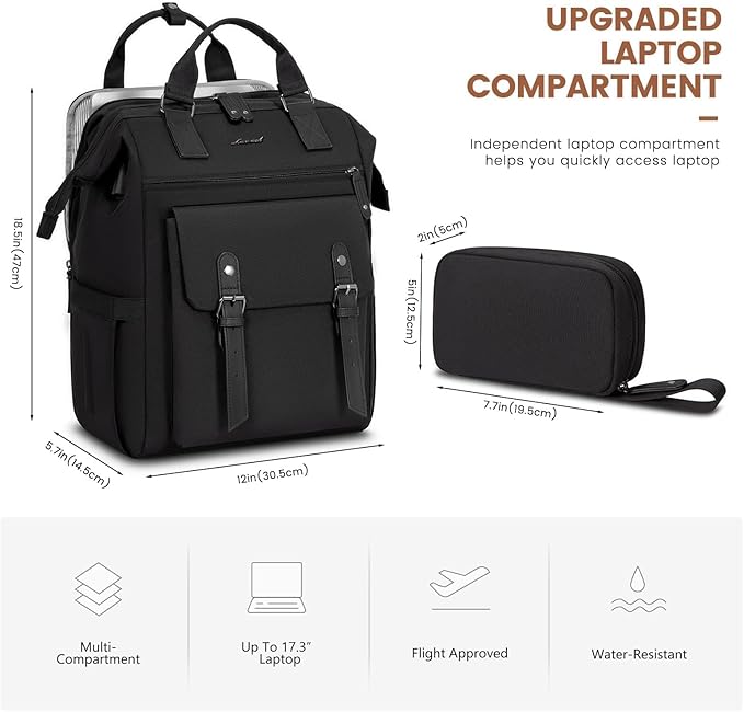 LOVEVOOK Laptop Backpack, Travel Bag with 17.3 inch Laptop Compartment, Water Resistant Teacher Nurse Doctor Work Bag, Anti-theft Daypack, Black