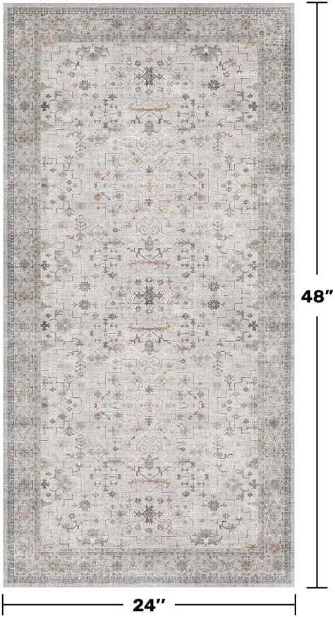 Light Grey Boho Bathroom Rug 2x4 - Modern Vintage Eclectic Floral Pastel Neutral Taupe, Washable Low Pile Non-Slip Small Throw Area Rugs for Entryway Door Mat Indoor Entrance, Kitchen