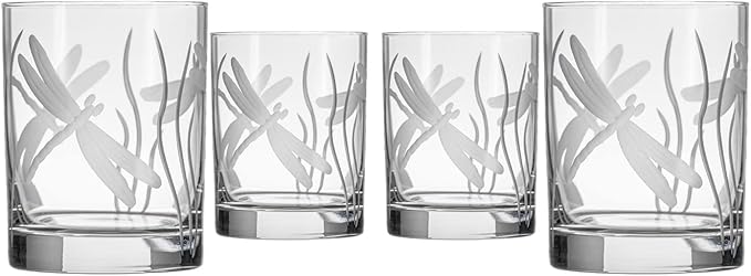 Rolf Glass Dragonfly Double Old Fashioned Glass | 13oz Whiskey Glass | Set of 4 | Lead-Free Etched Glassware | Proudly Made in the USA