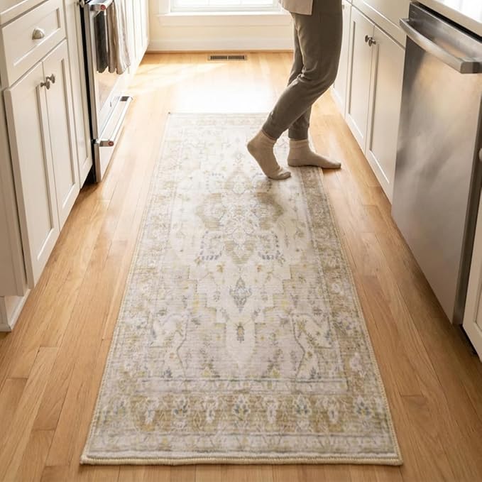 Muddy Mat짰 Champagne 2ft x 7ft Washable Area Rugs for Living Room, Bedroom & Dining Room ??Modern Soft Low Pile Non Slip Carpet ??Pet Friendly Waterproof Foldable Rugs for Home