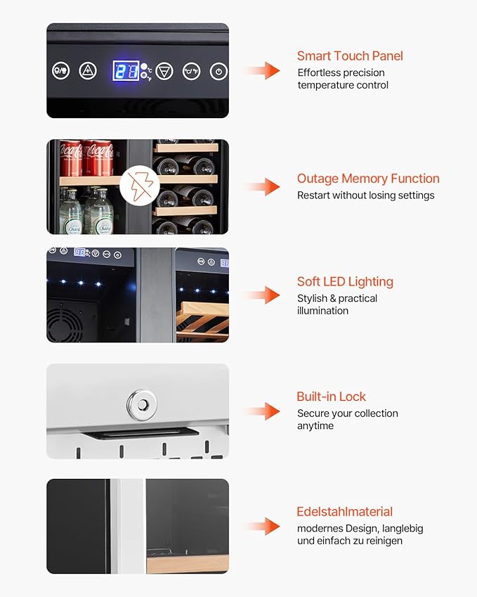 VEVOR Wine and Beverage Refrigerator, 24 in Dual Zone Wine Cooler, Built-in & Freestanding Fridge with Glass Doors, Adjustable Shelves, Digital Temperature Control, 64 Cans and 20 Bottles Capacity