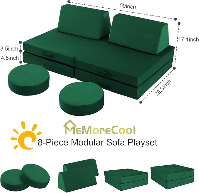MeMoreCool 8-Piece Modular Kids Play Couch – Green Convertible Foam Toddler Sofa for Playroom, Fold-Out Baby Couch Play Set