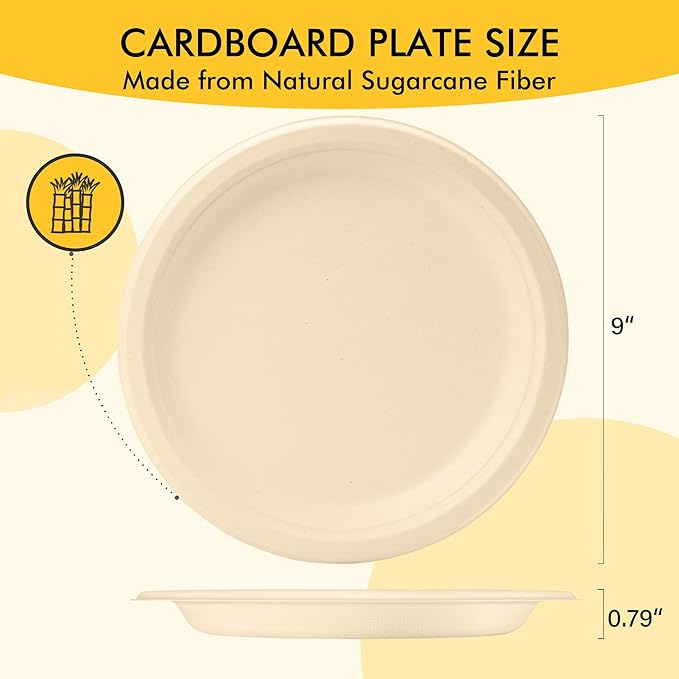 RACETOP Compostable Paper Plates 9 Inch [125 Pack], Disposable Biodegradable Heavy Duty Paper Plates, Made of Natural Sugarcane Fibers, Unbleached Brown, Round