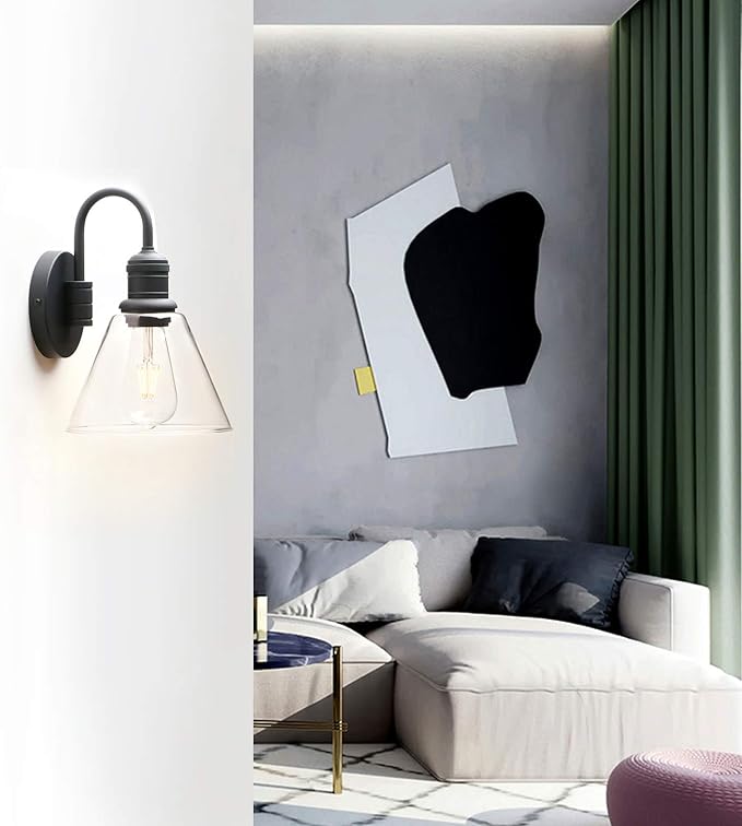 Yosoan 1-Light Vintage Industrial Fixture Light, Funnel Flared Clear Glass Shade with Elegant Gooseneck Curved Rod Wall Sconce for Bathroom Porch Kitchen Living Room Hotel Bar Foyer(Black)