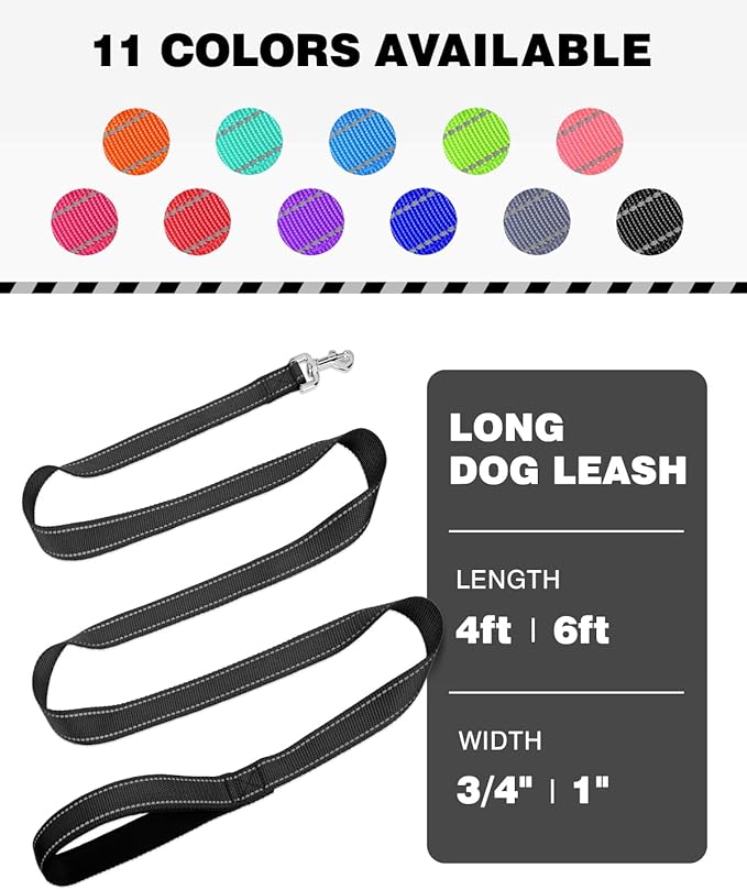 Reflective Dog Leash 4ft Soft Padded Handle Nylon Lead for Small & Medium Dogs, Durable Walking Training Leash for Night Safety (Black,3/4Inch Wide)