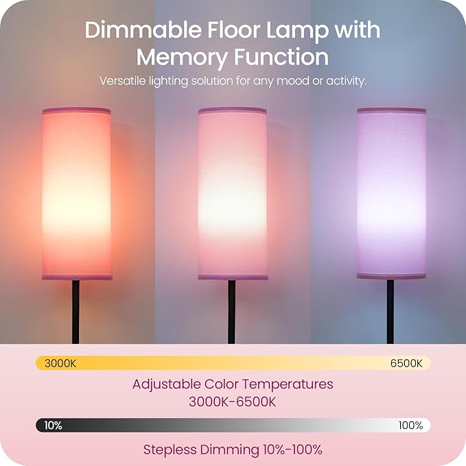 Dimmable Pink Floor Lamp for Living Room with Remote and Foot Switch, Corner Floor Lamp for Bedroom, 64.4" Standing Tall Lamp, 10W 900LM Bulb Included, 3000K-6500K, Linen Shade, FCC Listed P06LD05W1