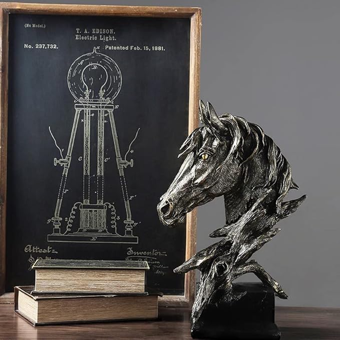 Creative Art Retro Horse Head Ornament,Resin Statue Ornaments,Abstract Style Sculptures,Living Room Dining Desk Decorations,Bookshelf Decorative Objects,Office Decor(7.9"/Black)