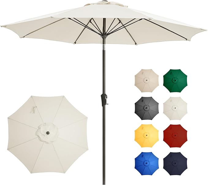 Ayge 9FT Large Outdoor Patio Umbrella Market Table Umbrella-UV Resistant, Easy Push Button Tilt and Crank, 8 Sturdy Fiberglass Ribs Heavy-Duty Pool Umbrella for Deck, Backyard,Garden,White