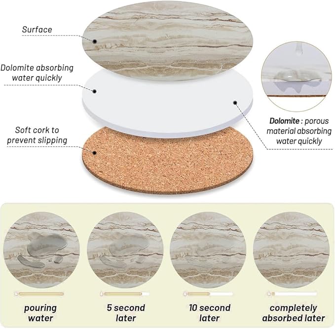Ceramic Coasters Set of 6, Marble-Textured Design with Holder - Absorbent Cork-Backed Coasters for Cups, Bar & Coffee Table Decor Accessories (Khaki Marble, 6 Pack)