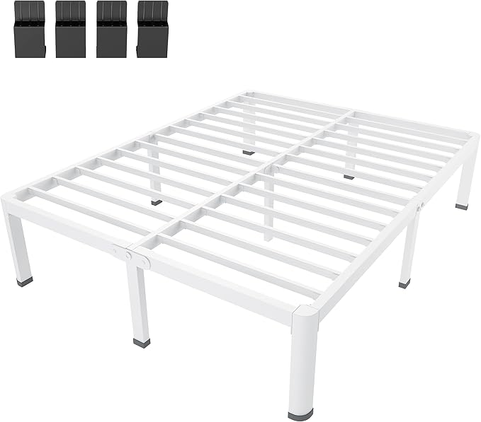 MAF 18 Inch Queen Size Bed Frame White with Round Corner Legs Mattress Slide Stopper No Box Spring Needed Heavy Duty Metal Platform Bed Frames Under-Bed Storage Space, 3000 LBS Steel Slats Support