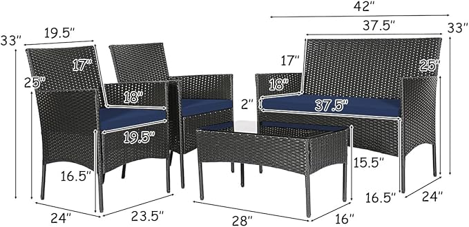 Tangkula 8 Pieces Patio Furniture Set, Outdoor Wicker Conversation Set with Tempered Glass Tabletop, Rattan Sofa and Chairs Set with Off White & Navy Cushion Covers