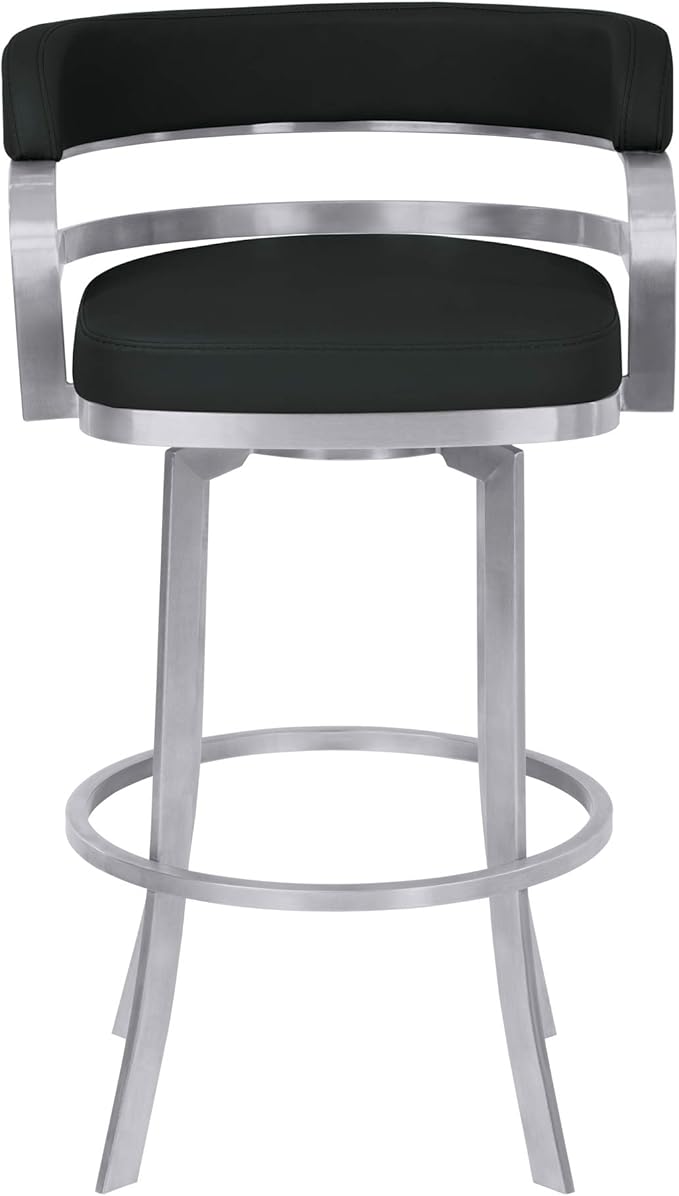 Armen Living Prinz 26" Counter Height Swivel Barstool in Black Faux Leather and Brushed Stainless Steel Finish