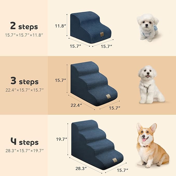Mestuel Dog Stairs for Small Dogs, Dog Stairs to Couch Sofa Bed, 3 Steps Pet Stairs Ramp with High Density Foam& Non Slip Bottom, Dog Steps Ramp Ladder Hold up to 60 lbs, Blue