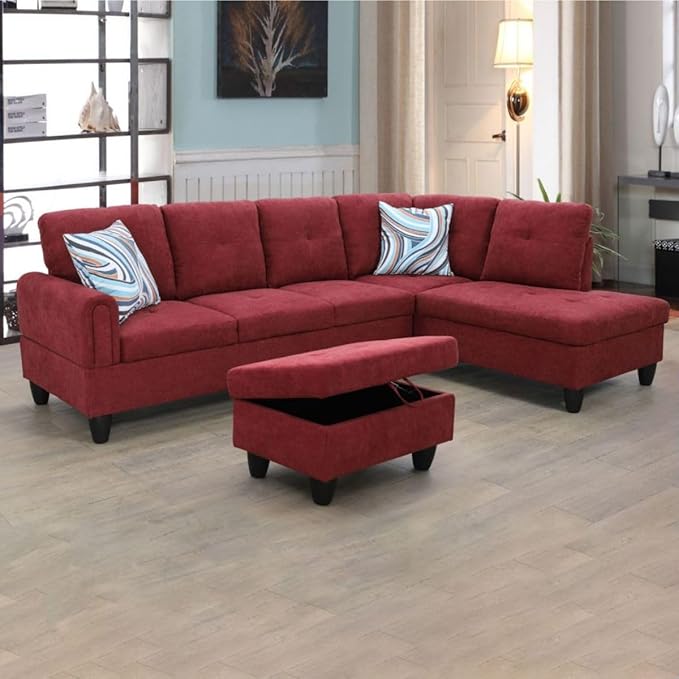 Red L-Shaped 3-Piece Flannel Sofa with Storage Ottoman Set, Sectional Couch Sofa Set for Living Room, Office, Small Space