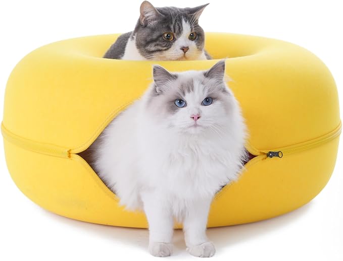 Large Cat Tunnel Bed for Indoor Cats with 3 Toys, Scratch Resistant Donut Cat Bed, Up to 30 Lbs (L 24x24x11, Yellow)