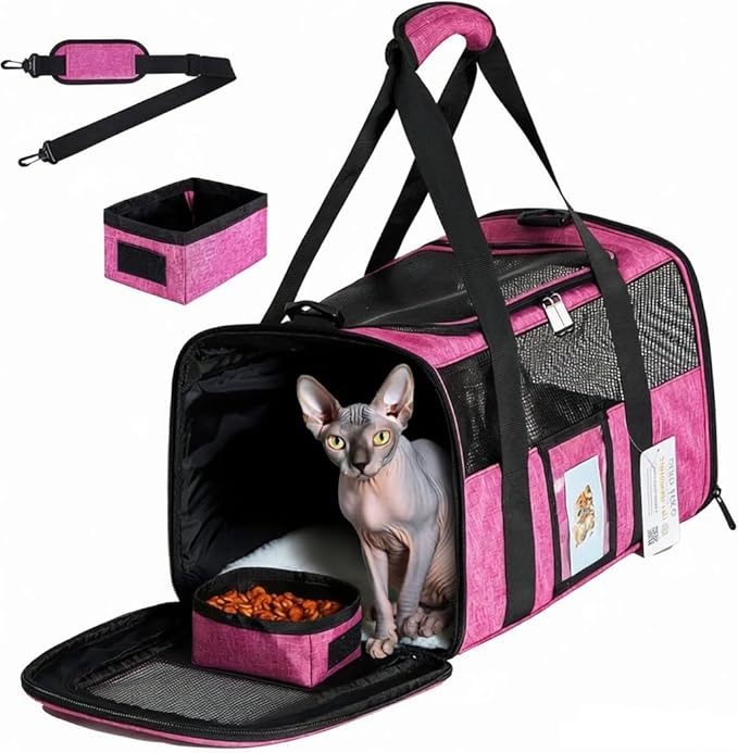 Airline Approved Cat Carrier, Soft-Sided Pet Travel Carrier for Cats and Small Dogs up to 15lbs, TSA Approved Under Seat Carrier with Collapsible Bowl, 17x12x11 Inch, Red