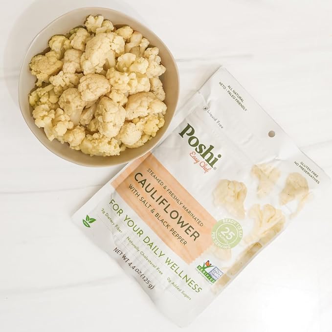 POSHI Marinated Cauliflower Florets with Salt + Black Pepper Natural, Keto, Vegan, Non GMO, Low Carb + Calorie, Gluten Free Ready to Eat Fully Cooked Vegetables, Pentry Food, Gourmet, 6 Pack, 4.4 oz