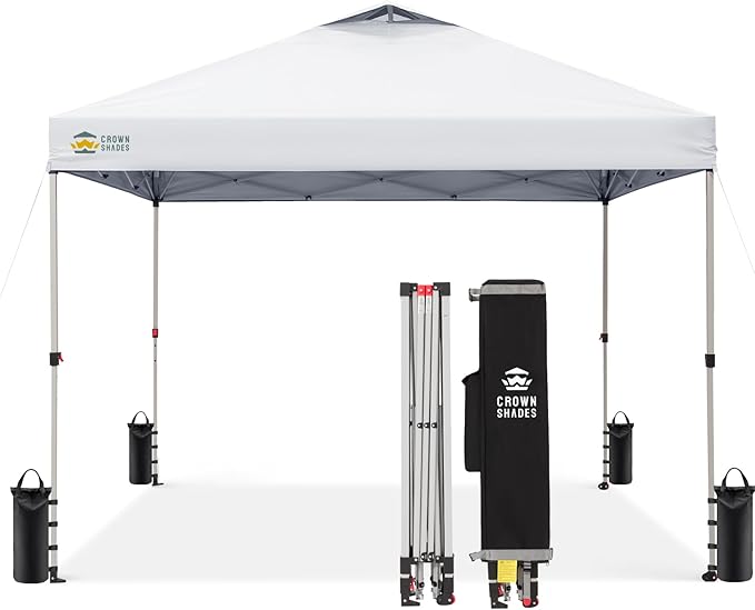CROWN SHADES 12x12 Pop Up Canopy Outside Canopy, Patented One Push Tent Canopy with Wheeled Carry Bag, Bonus 8 Stakes and 4 Ropes, White