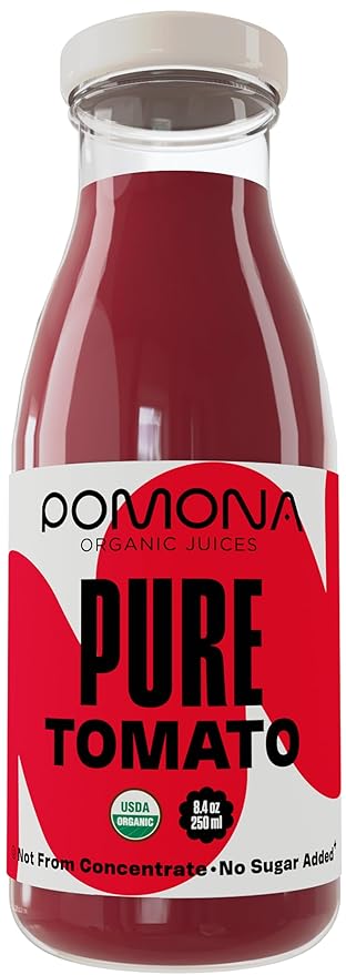 Pomona Organic Juices Pure Tomato Juice, 8.4 Ounce Bottle (Pack of 12), Cold Pressed Organic Juice, Non-GMO, No Sugar Added, Not from Concentrate, Gluten Free, Kosher Certified, Preservative Free