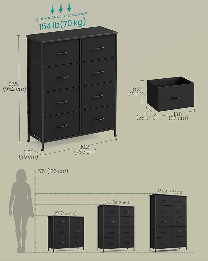 SONGMICS Dresser for Bedroom, Chest of Drawers, Steel, MDF, 8 Non-Woven Fabric Drawers, Storage Organizer Unit, Closet, Entryway, Ink Black and Ebony Black LGS124B01S