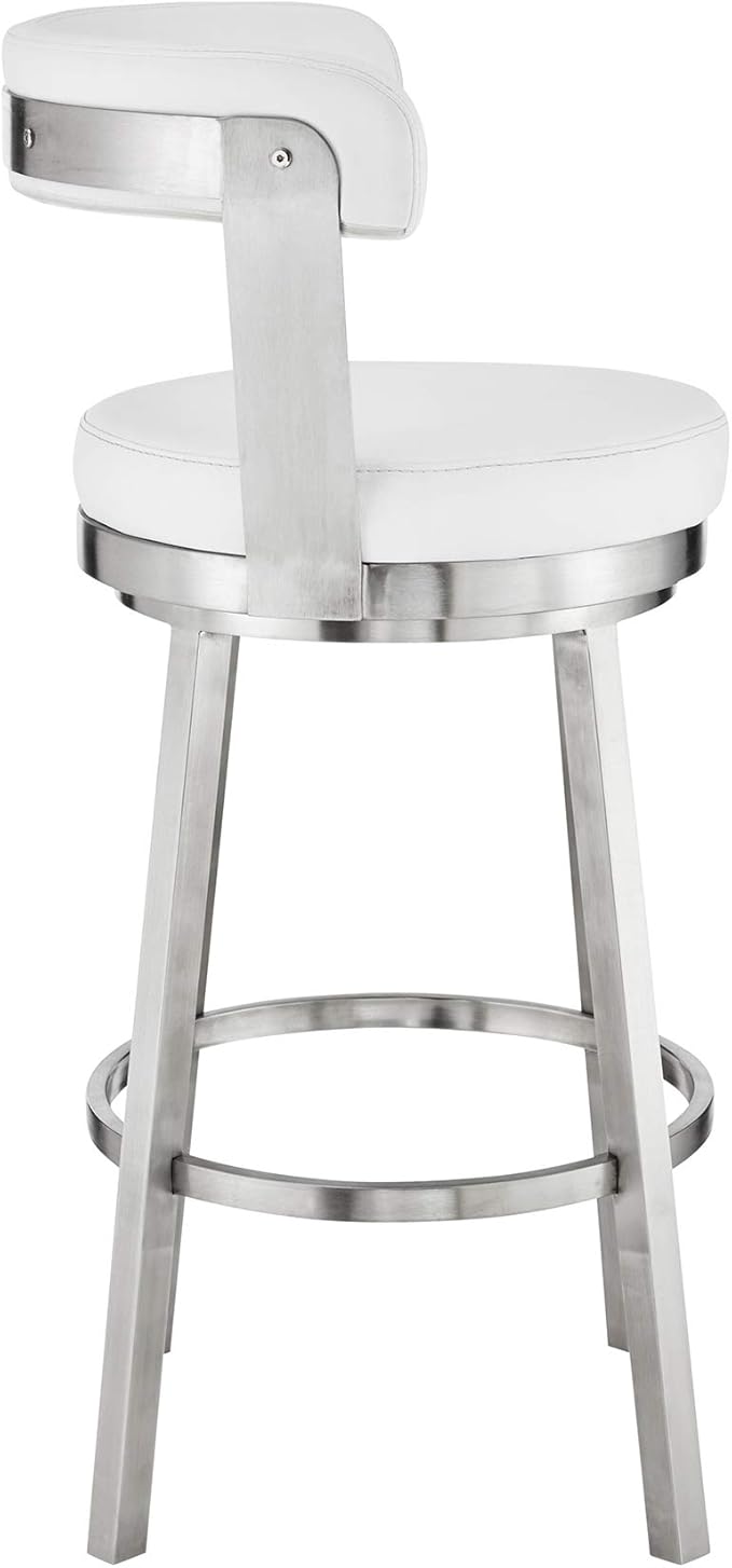 Armen Living Bryant Modern 30" Seat Height White Faux Leather and Brushed Stainless Steel Metal Swivel Bar Stool for Kitchen Island Counter