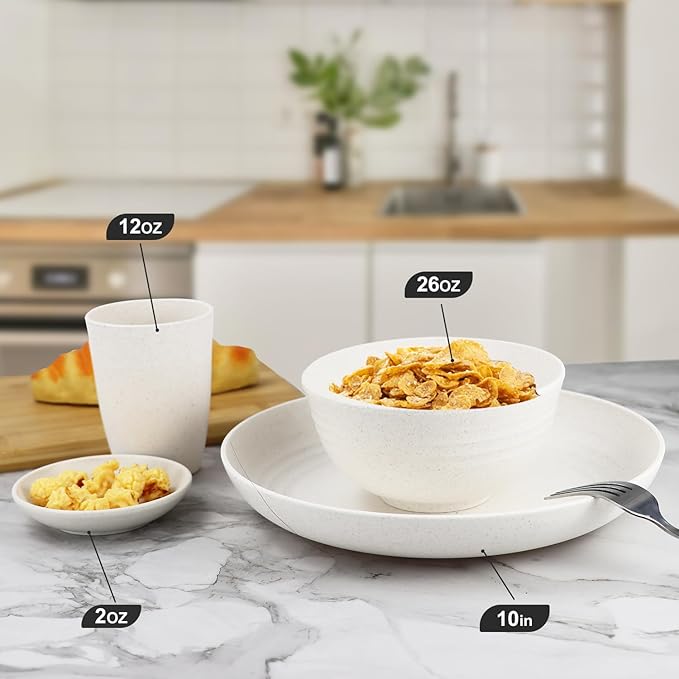 Wrova Wheat straw bowl and plate sets of 16 with cups - Unbreakable plastic dinnerware sets for kitchen - Microwave and Dishwasher safe dishes for kitchen,camping,indoors and out doors. White