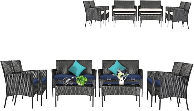 Tangkula 8 Pieces Patio Furniture Set, Outdoor Wicker Conversation Set with Tempered Glass Tabletop, Rattan Sofa and Chairs Set with Off White & Navy Cushion Covers