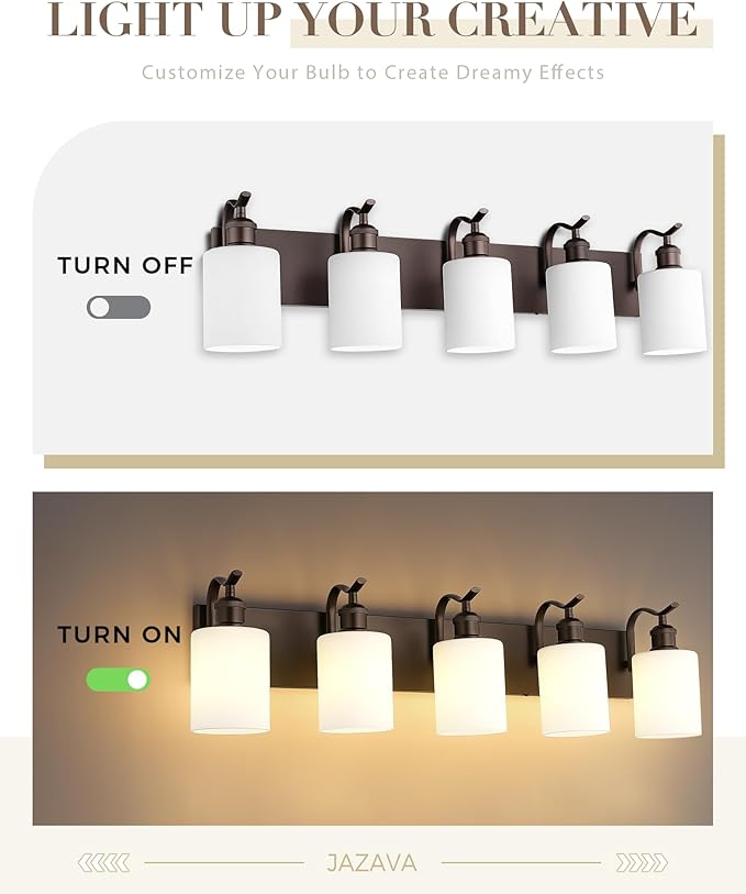 5 Light Bathroom Vanity Light, Morden Vanity Lighting Fixtures Over Mirror Oil Rubbed Bronze Bathroom Wall Sconce with Milky White Frosted Shade ZCVL01ORBW-5
