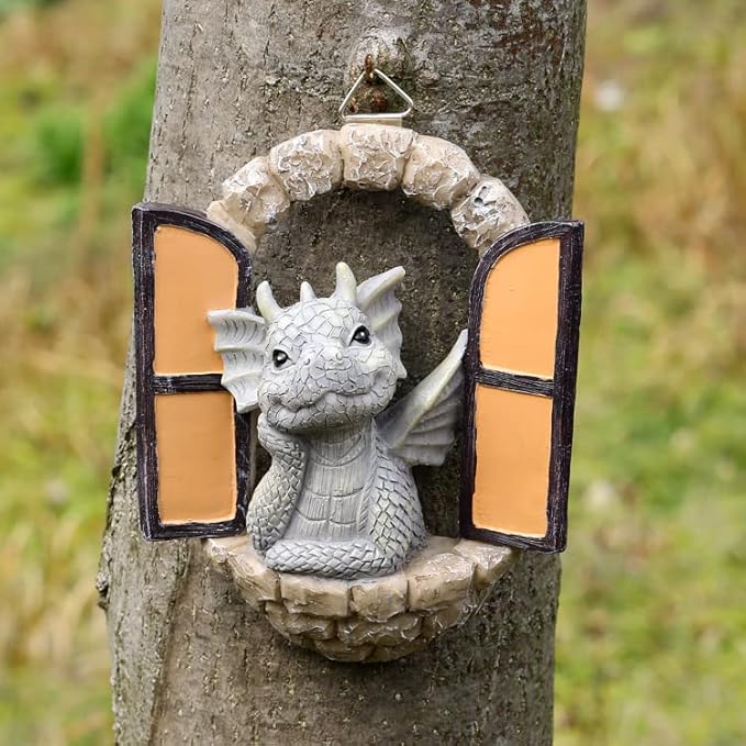 Dragon Garden Ornament Resin Craft Ornament Statue Fairy Door Yard Art Outdoor and Garden Solar Light Luminous Sand Open Door Dragon Wall Statue Outdoors Decor (Eye to Eye)