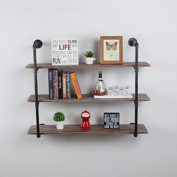 MBQQ Industrial Pipe Shelving Wall Mounted,48in Rustic Metal Floating Shelves,Steampunk Real Wood Book Shelves,Wall Shelf Unit Bookshelf Hanging Wall Shelves,Farmhouse Kitchen Bar Shelving(3 Tier)