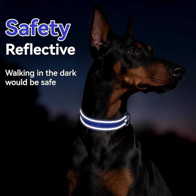 Reflective Dog Collar for Mediunm Dogs, Adjustable Collar with Soft Neoprene Padded, Durable Buckle for Daily Walking,Navy Blue,M, 1" Width