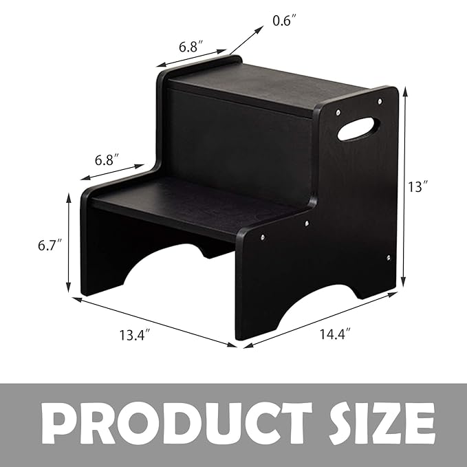 WOOD CITY Step Stool for Kids, Wooden Toddler Step Stool with Safety Non-Slip Mats and Handles for Kitchen, Bathroom Sink & Potty Training - Black