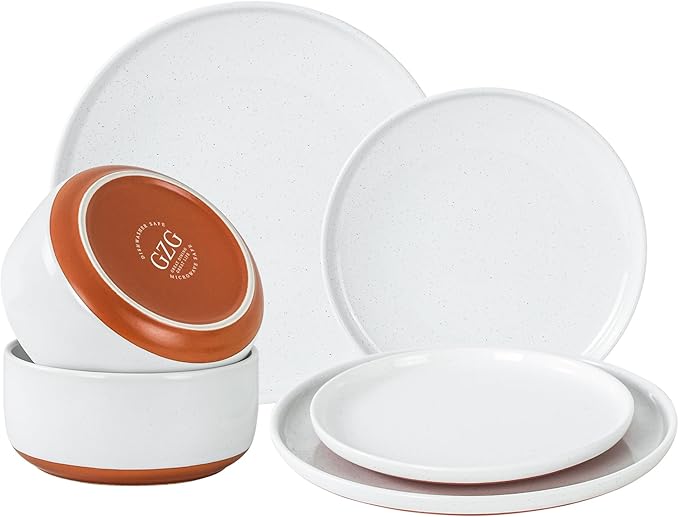 GZG Modern Art Series - 6 Pcs Speckled Stoneware Plates and Bowls Sets, Ceramic Dinnerware Set with Rustic Terracotta Underside, Microwave and Dishwasher Safe Handcrafted Dishes Set - Porcelain White