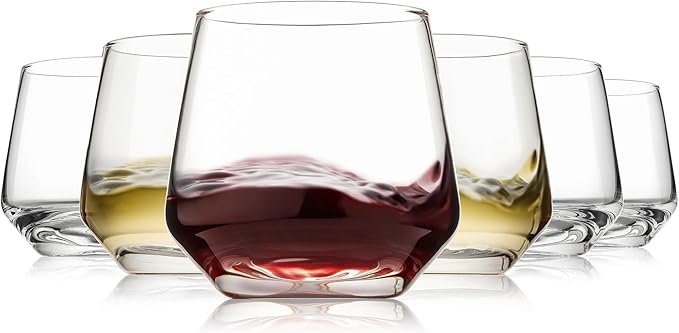 Stemless Wine Glasses Set of 6, 13.5oz Red White Wine Glasses for Daily Use, Hosting, Home Bar, Evening Party, Birthdays, Housewarming Gift, Clear