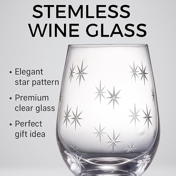 SHOSHIN Stemless Wine Glasses Set of 4 – 18oz Hand-Cut Lead-Free Crystal with Exquisite Star Pattern, Dishwasher Safe, Perfect for Parties and Weddings