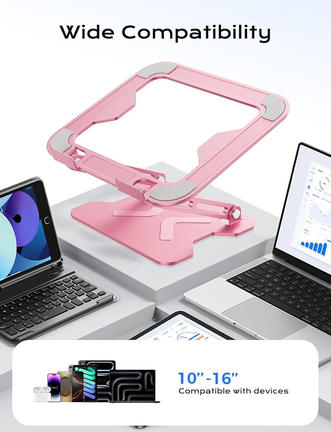 Adjustable Laptop Stand for Desk, Metal Foldable Laptop Riser, Portable Laptop Holder Mount, Ventilated Cooling Computer Notebook Stand for MacBook Air Pro, All 10-16'' Notebooks Laptops, Pink