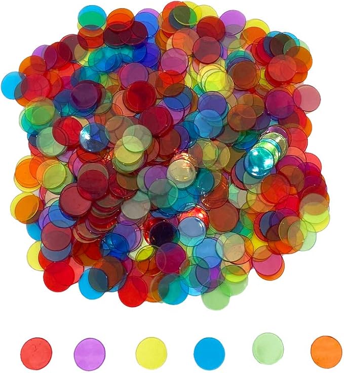 500 Pieces 3/4 inch Transparent 6 Color Bingo Counting Chips with Bag
