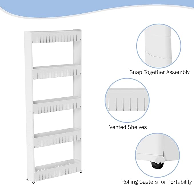 Slim Rolling Storage Cart - 5-Tier Utility Cart with Wheels for Bathroom, Kitchen, and Laundry Room - Bathroom Shelves by Lavish Home (White)