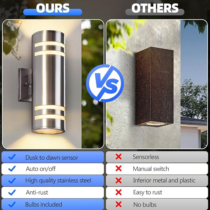 Dusk to Dawn Outdoor Wall Lights 2 Pack, Up Down Stainless Steel Exterior Lighting Fixtures with Photocell Sensor, Waterproof Outdoor Sconce Lights for House Porch Garage Patio, LED Bulbs Included