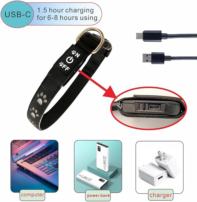 LED Light Up Dog Collar, USB-C Rechargeable, Multicolor Paw Print Design, 15 Modes Lighting Night Safety (Pink, XL(19.7-23.6"))