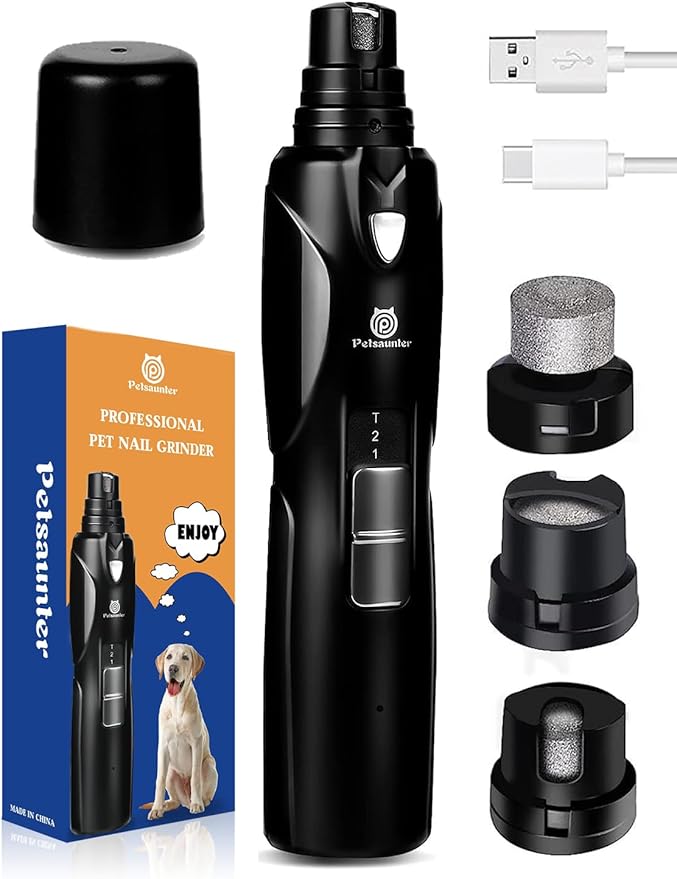 Dog Nail Grinder, 2-Speed and LED Light, Touch-Switch, TypeC, Quiet and Low-Vibration Dog Nail Trimmers, and 3 Ports for Large Dogs, Medium, Small Dogs Cats Pets with Hard or Thick Nail