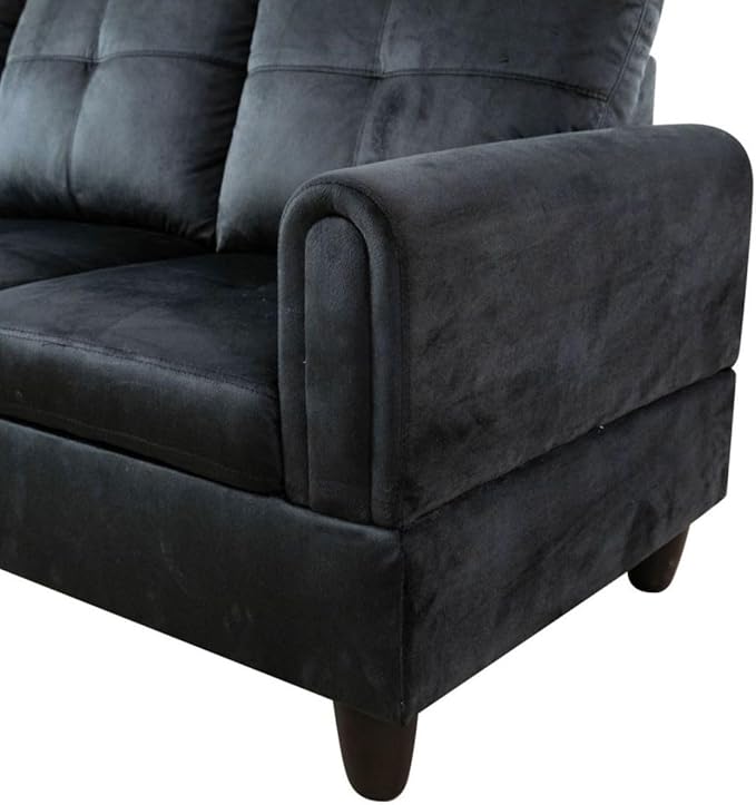 Black L-Shaped 3-Piece Flannel Sofa with Storage Ottoman Set, Sectional Couch Sofa Set for Living Room, Office, Small Space